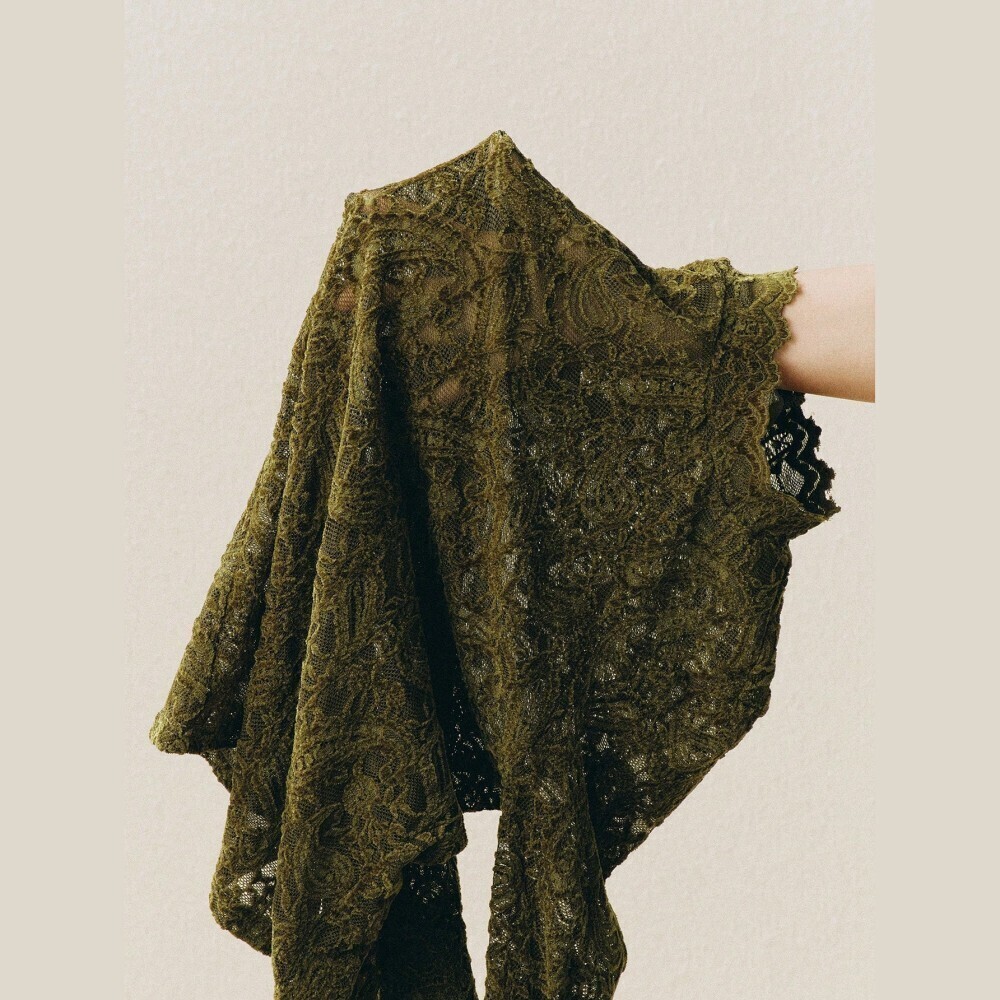 Olive Green Lace Mock Neck Top with Flounce Cuffs - Picture 8 of 8